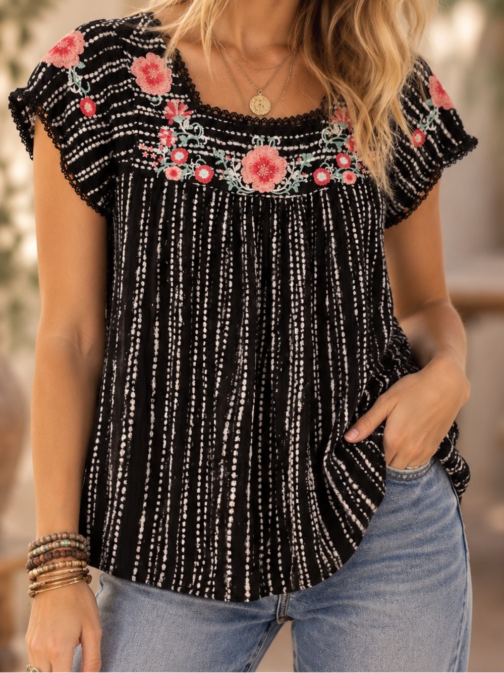 Savanna Jane Sz S Embroidered Babydoll Top Black Pink Roses Boho Cottagecore